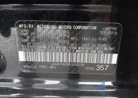 2019 Mitsubishi Outlander Sport 2.0 Es из США, поврежденный, VIN JA4AP3AU8KU006038